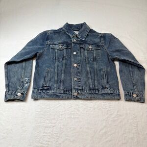 Love in Faith Denim Jacket Womens Small Blue Excellent Embroidered Sleeve Cuff